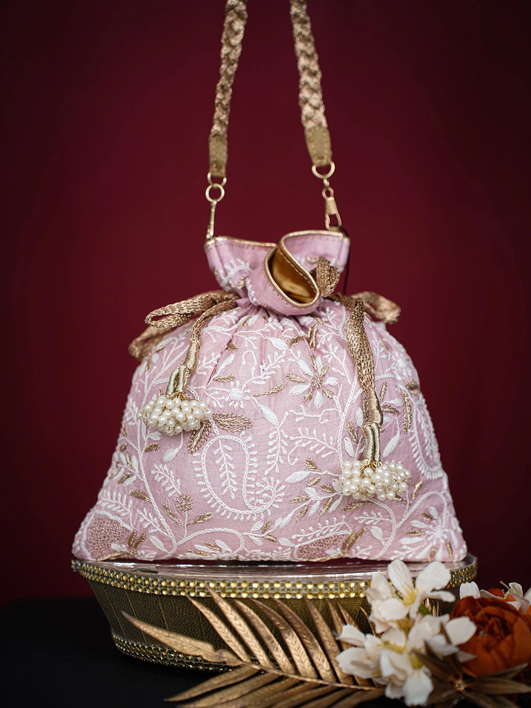 Ada Hand Embroidered Pink Silk Lucknowi Chikankari Potli Bag With Zari Work 01A696513