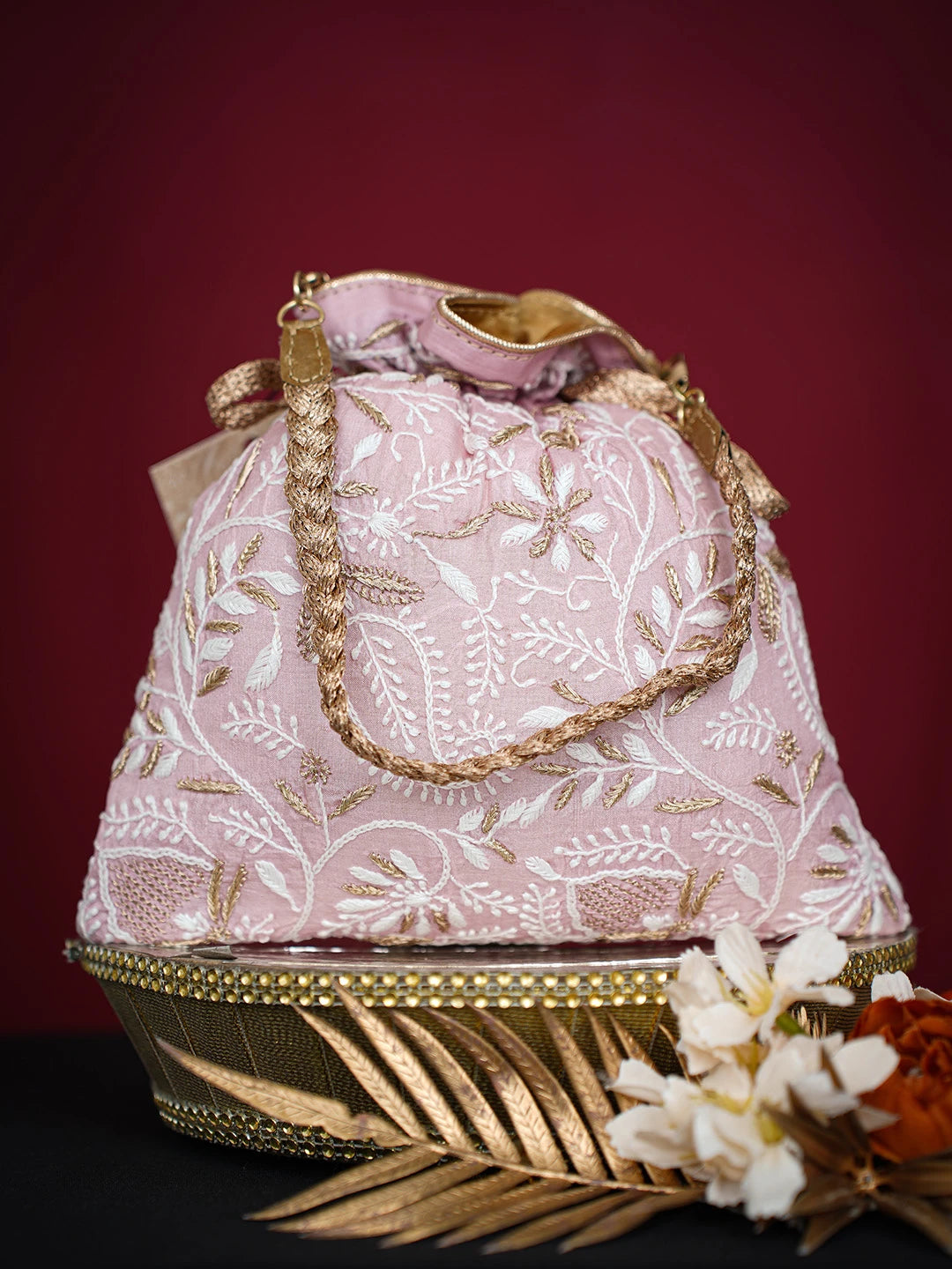 Ada Hand Embroidered Pink Silk Lucknowi Chikankari Potli Bag With Zari Work 01A696513