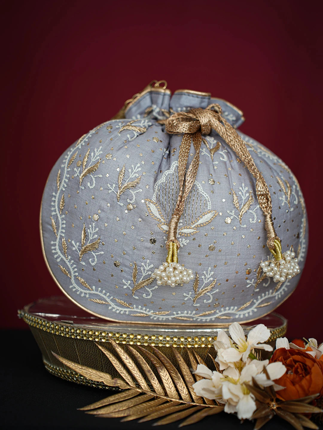 Ada Hand Embroidered Grey Silk Lucknowi Chikankari Potli Bag With Muqaish Work 01A718960