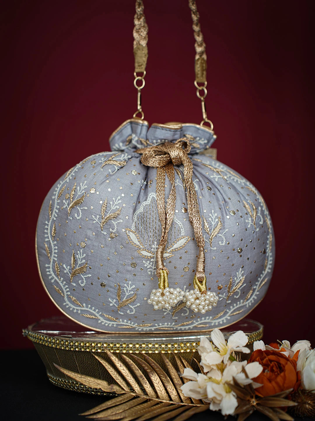 Ada Hand Embroidered Grey Silk Lucknowi Chikankari Potli Bag With Muqaish Work 01A718960