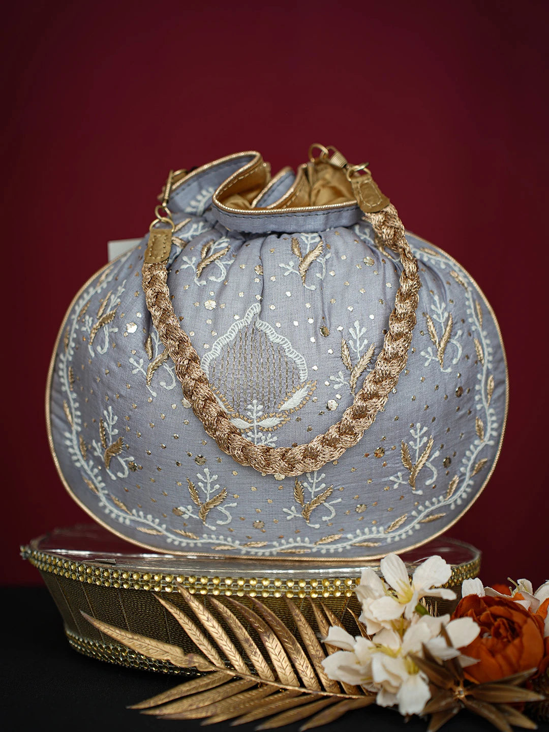 Ada Hand Embroidered Grey Silk Lucknowi Chikankari Potli Bag With Muqaish Work 01A718960