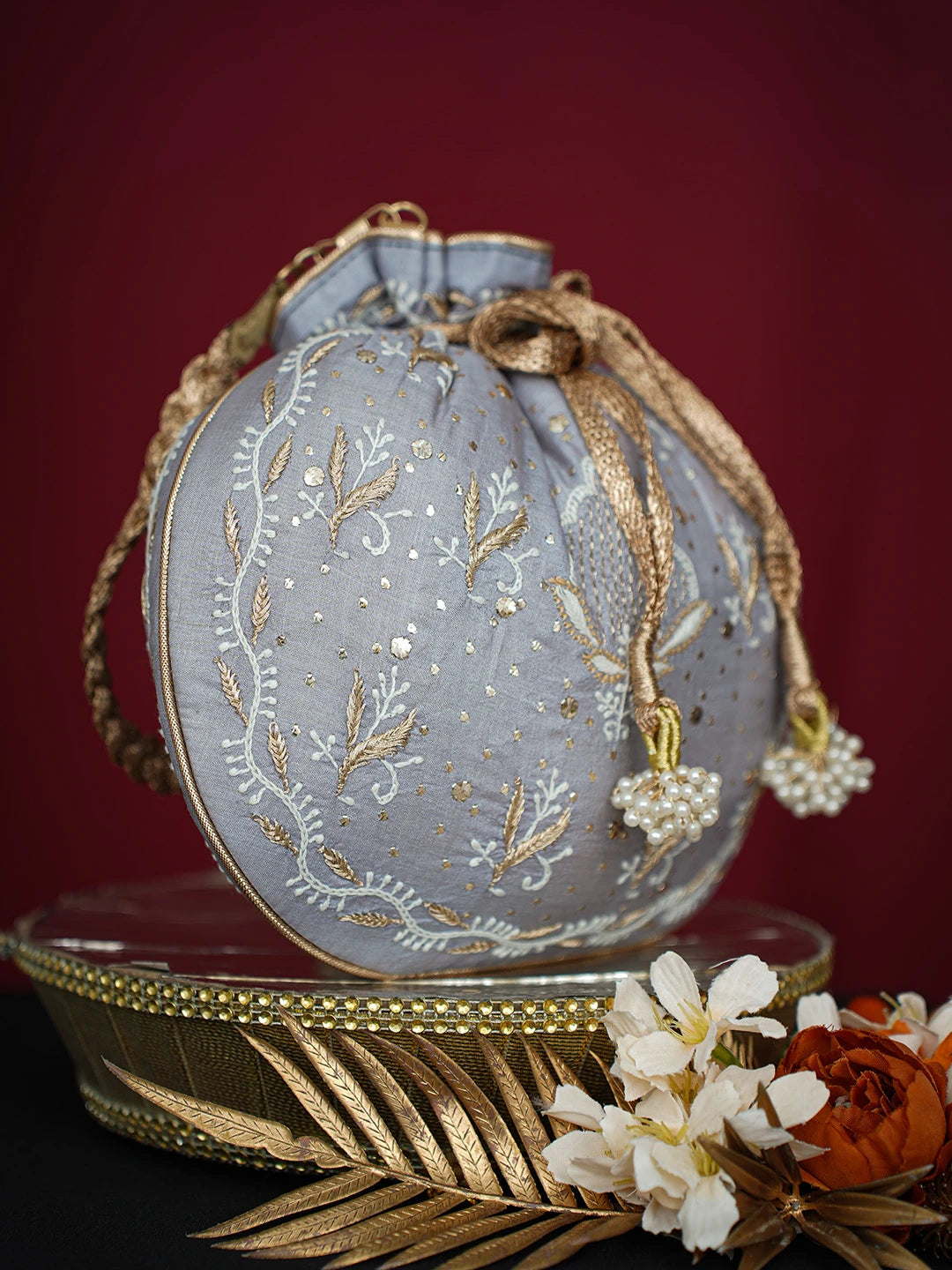 Ada Hand Embroidered Grey Silk Lucknowi Chikankari Potli Bag With Muqaish Work 01A718960