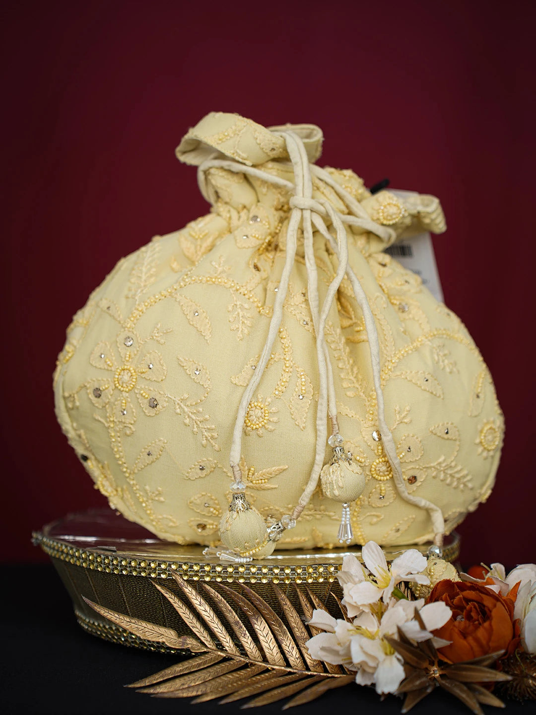 Ada Hand Embroidered Fawn Viscose Georgette Lucknowi Chikankari Potli Bag With Muqaish Work 01A643141