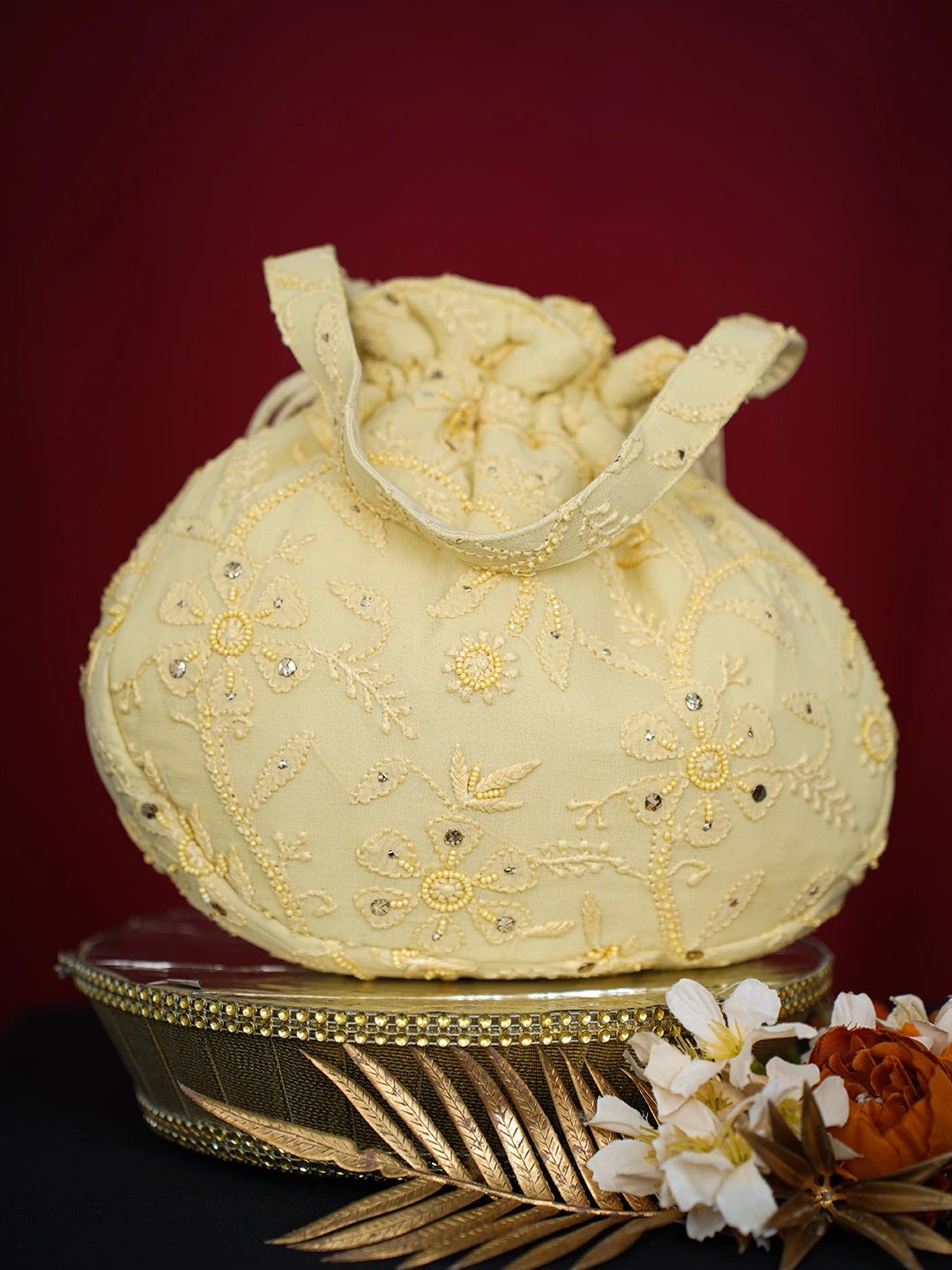 Ada Hand Embroidered Fawn Viscose Georgette Lucknowi Chikankari Potli Bag With Muqaish Work 01A643141