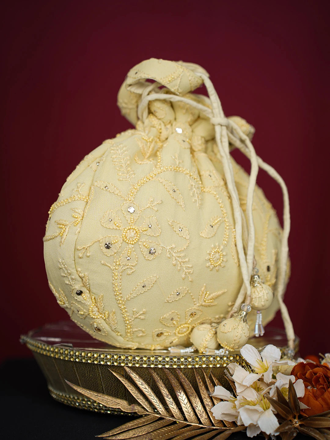 Ada Hand Embroidered Fawn Viscose Georgette Lucknowi Chikankari Potli Bag With Muqaish Work 01A643141