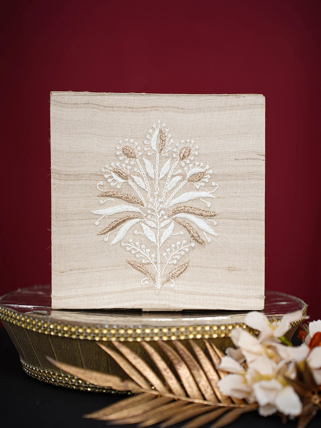 Ada Hand Embroidered Fawn Silk Lucknowi Chikankari Utility Box With Zari Work 01A719914