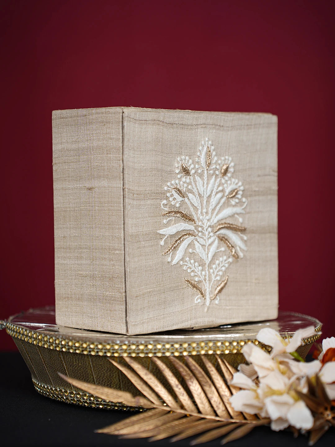 Ada Hand Embroidered Fawn Silk Lucknowi Chikankari Utility Box With Zari Work 01A719914