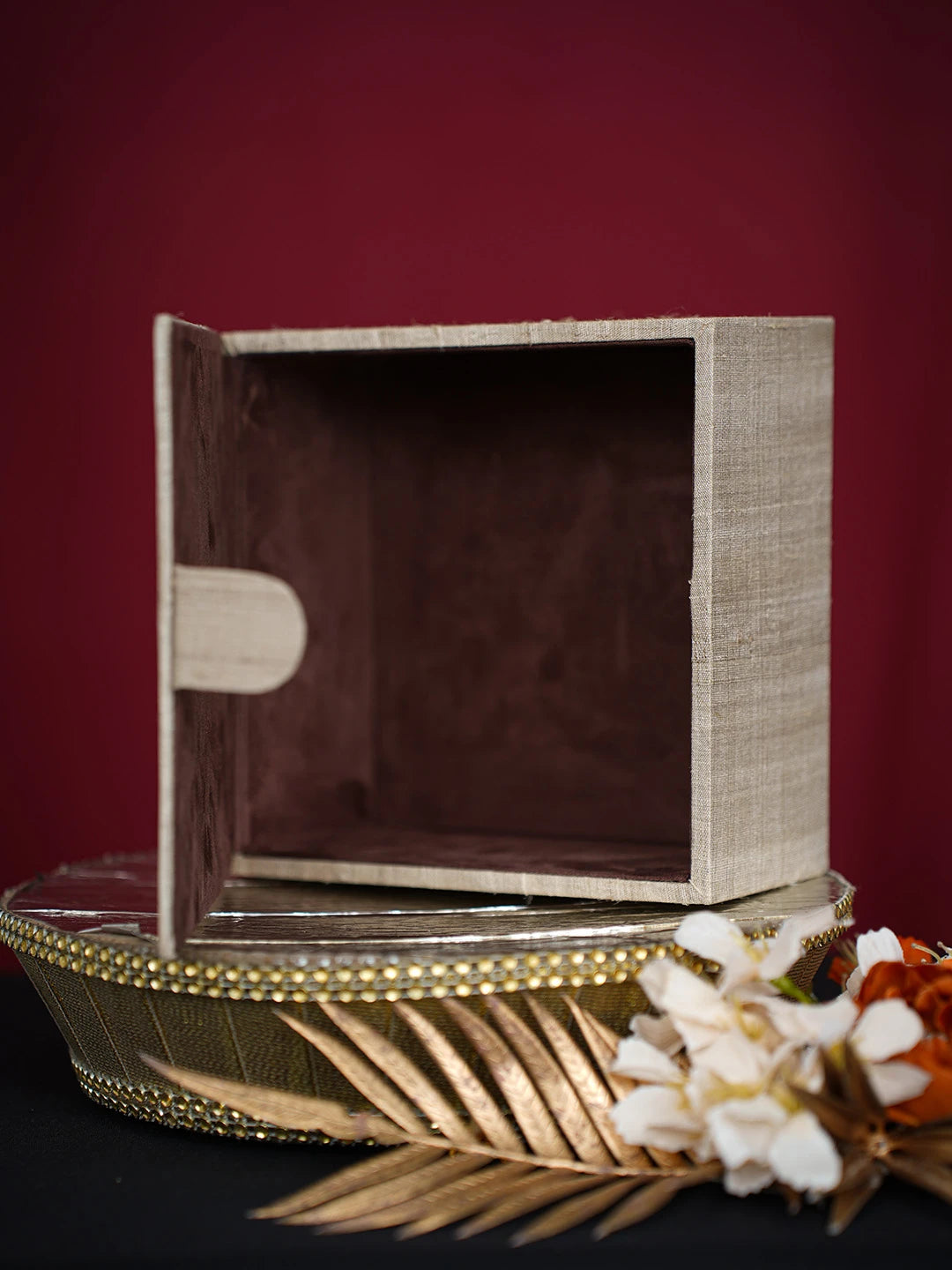 Ada Hand Embroidered Fawn Silk Lucknowi Chikankari Utility Box With Zari Work 01A719914