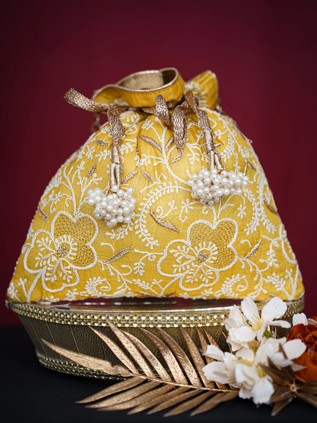 Ada Hand Embroidered Saffron Yellow Silk Lucknowi Chikankari Potli Bag With Zari Work 01A718867