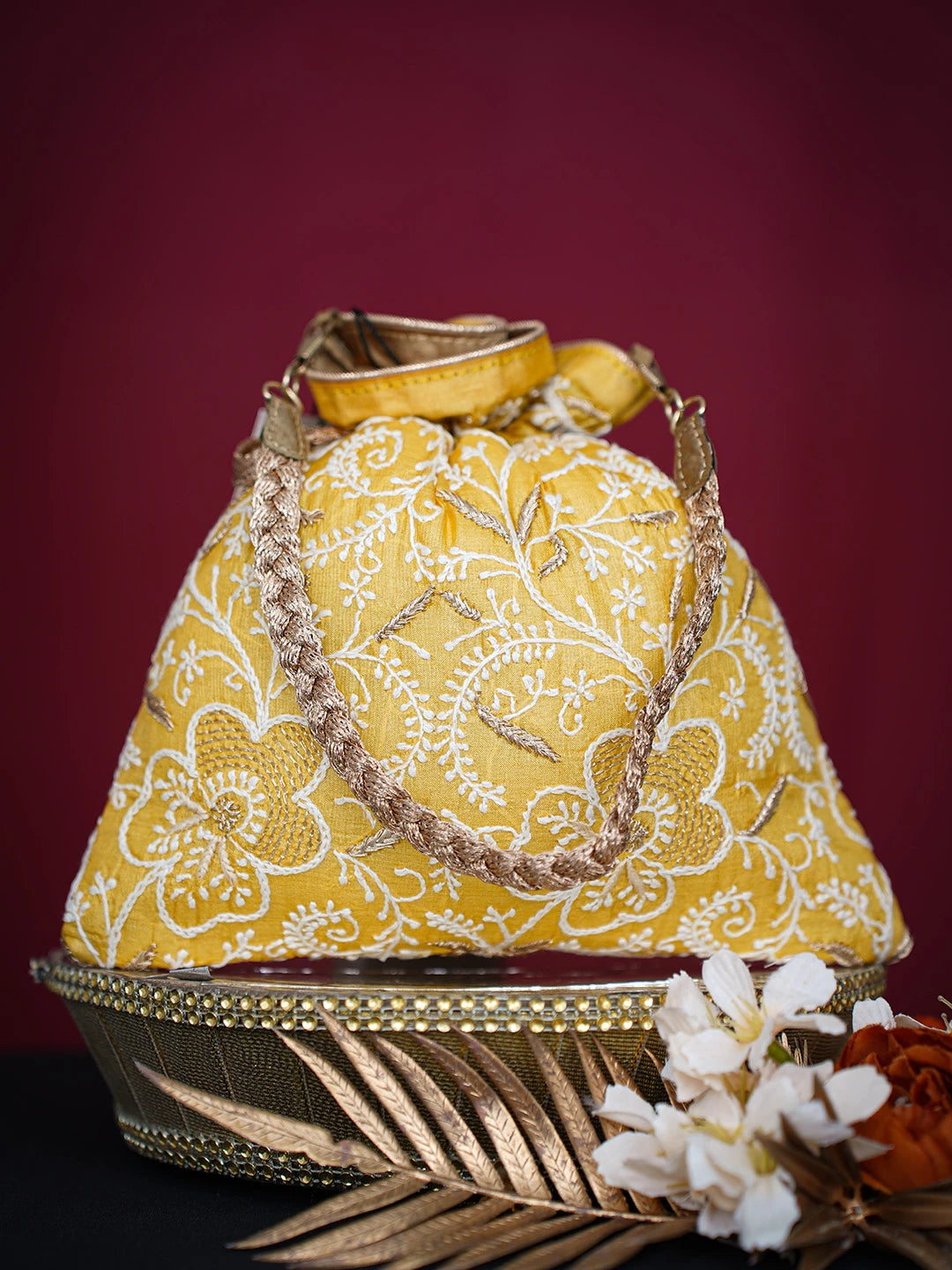 Ada Hand Embroidered Saffron Yellow Silk Lucknowi Chikankari Potli Bag With Zari Work 01A718867