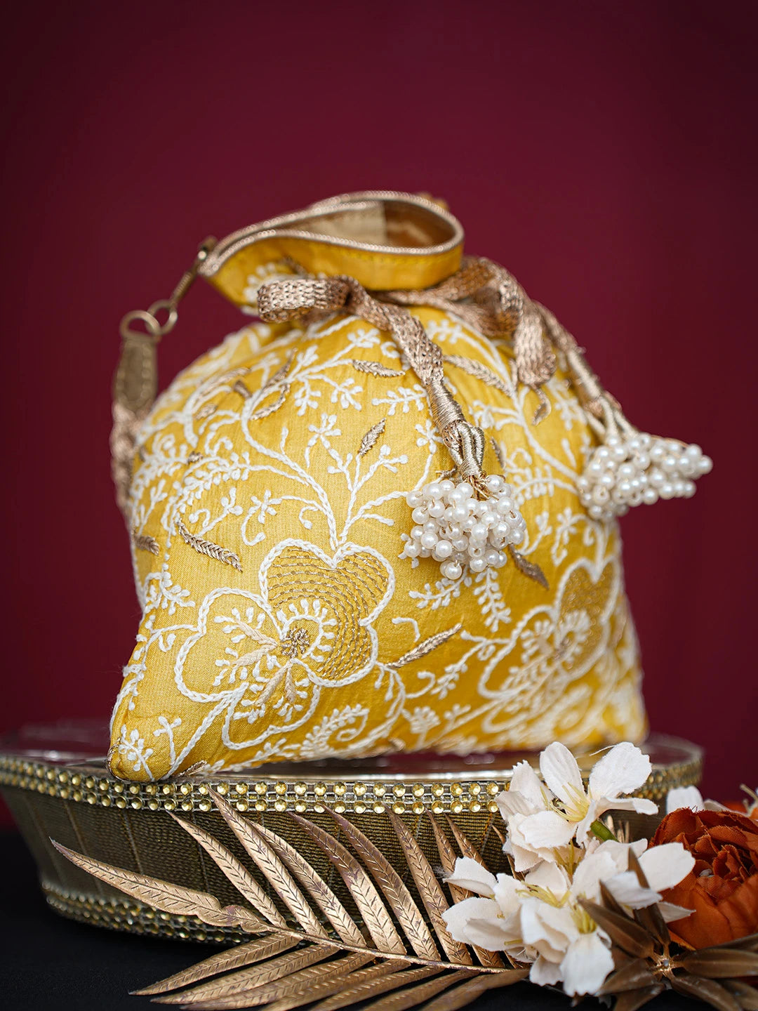 Ada Hand Embroidered Saffron Yellow Silk Lucknowi Chikankari Potli Bag With Zari Work 01A718867