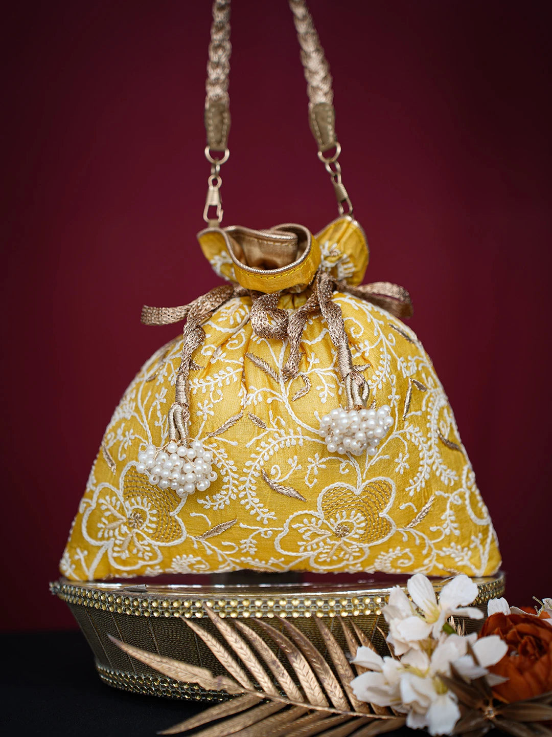 Ada Hand Embroidered Saffron Yellow Silk Lucknowi Chikankari Potli Bag With Zari Work 01A718867