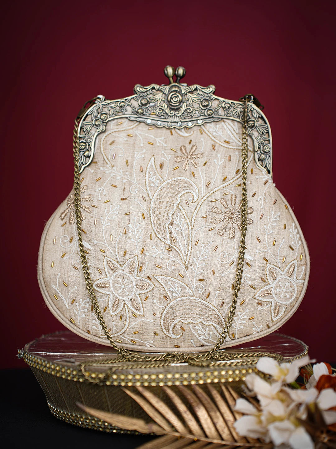 Ada Hand Embroidered Fawn Silk Lucknowi Chikankari Clutch With Zari Work 01A719944