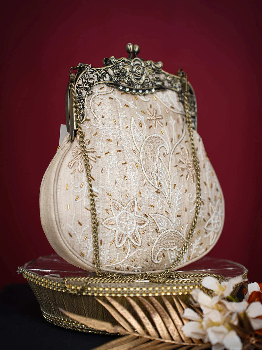 Ada Hand Embroidered Fawn Silk Lucknowi Chikankari Clutch With Zari Work 01A719944