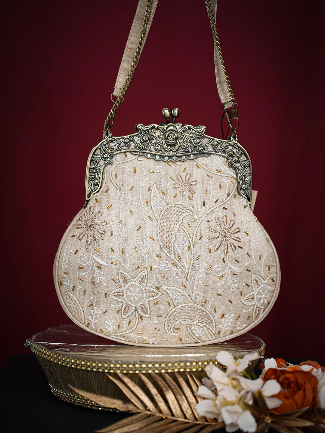 Ada Hand Embroidered Fawn Silk Lucknowi Chikankari Clutch With Zari Work 01A719944