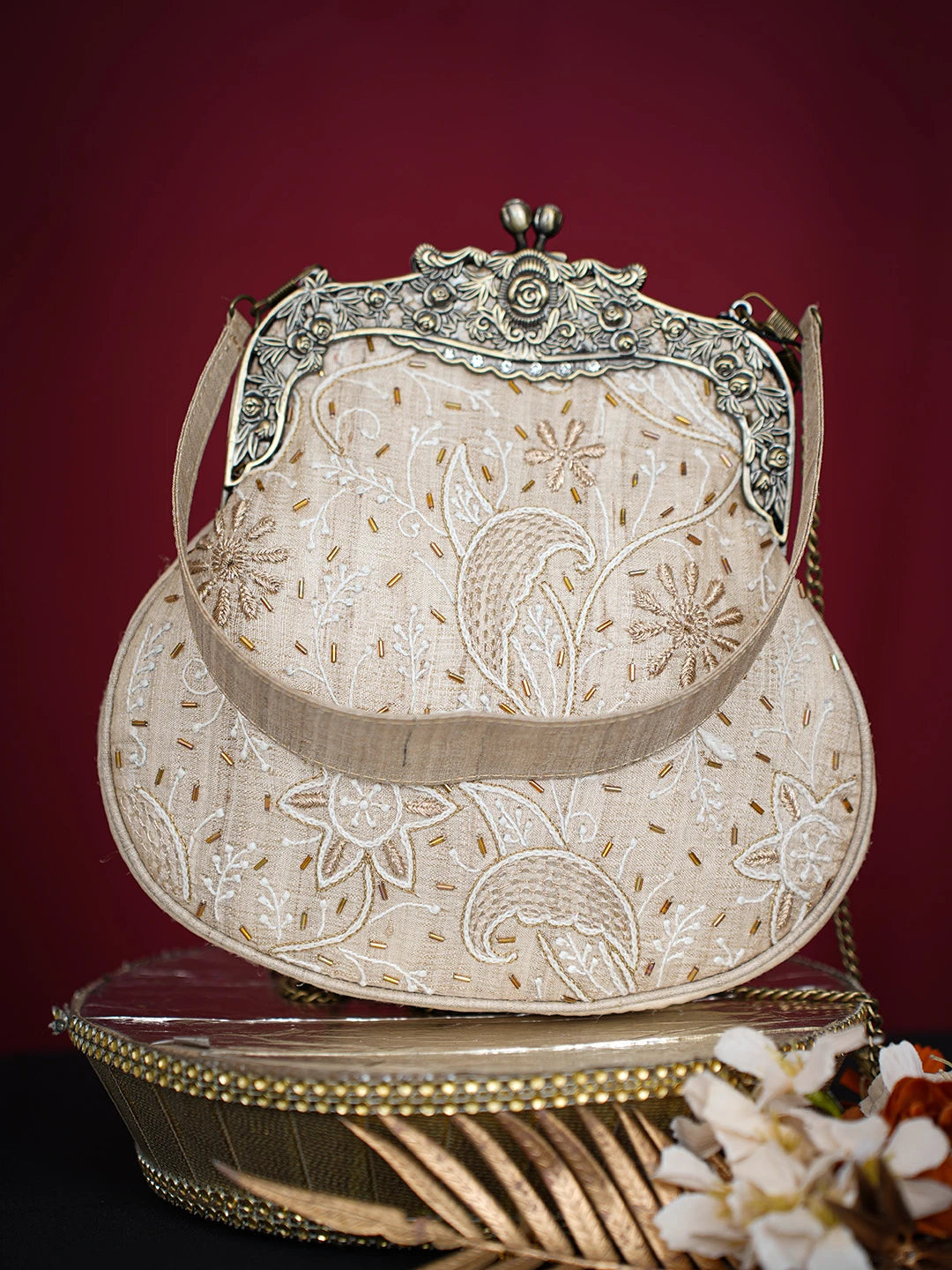 Ada Hand Embroidered Fawn Silk Lucknowi Chikankari Clutch With Zari Work 01A719944