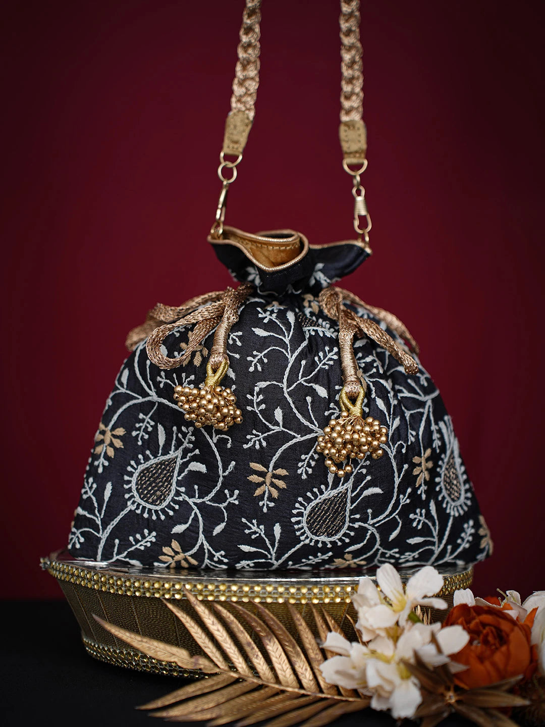 Ada Hand Embroidered Black Silk Lucknowi Chikankari Potli Bag With Zari Work 01A718932