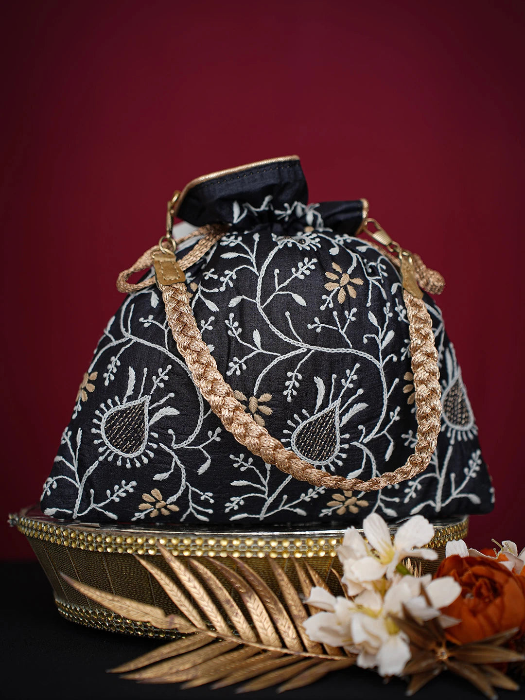 Ada Hand Embroidered Black Silk Lucknowi Chikankari Potli Bag With Zari Work 01A718932
