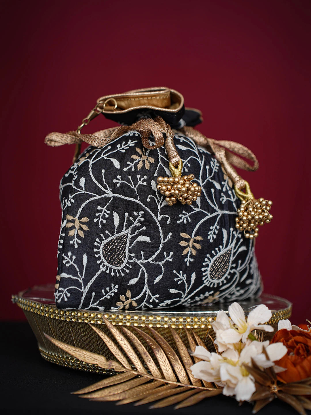 Ada Hand Embroidered Black Silk Lucknowi Chikankari Potli Bag With Zari Work 01A718932