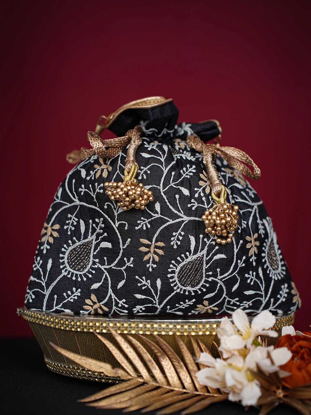 Ada Hand Embroidered Black Silk Lucknowi Chikankari Potli Bag With Zari Work 01A718932