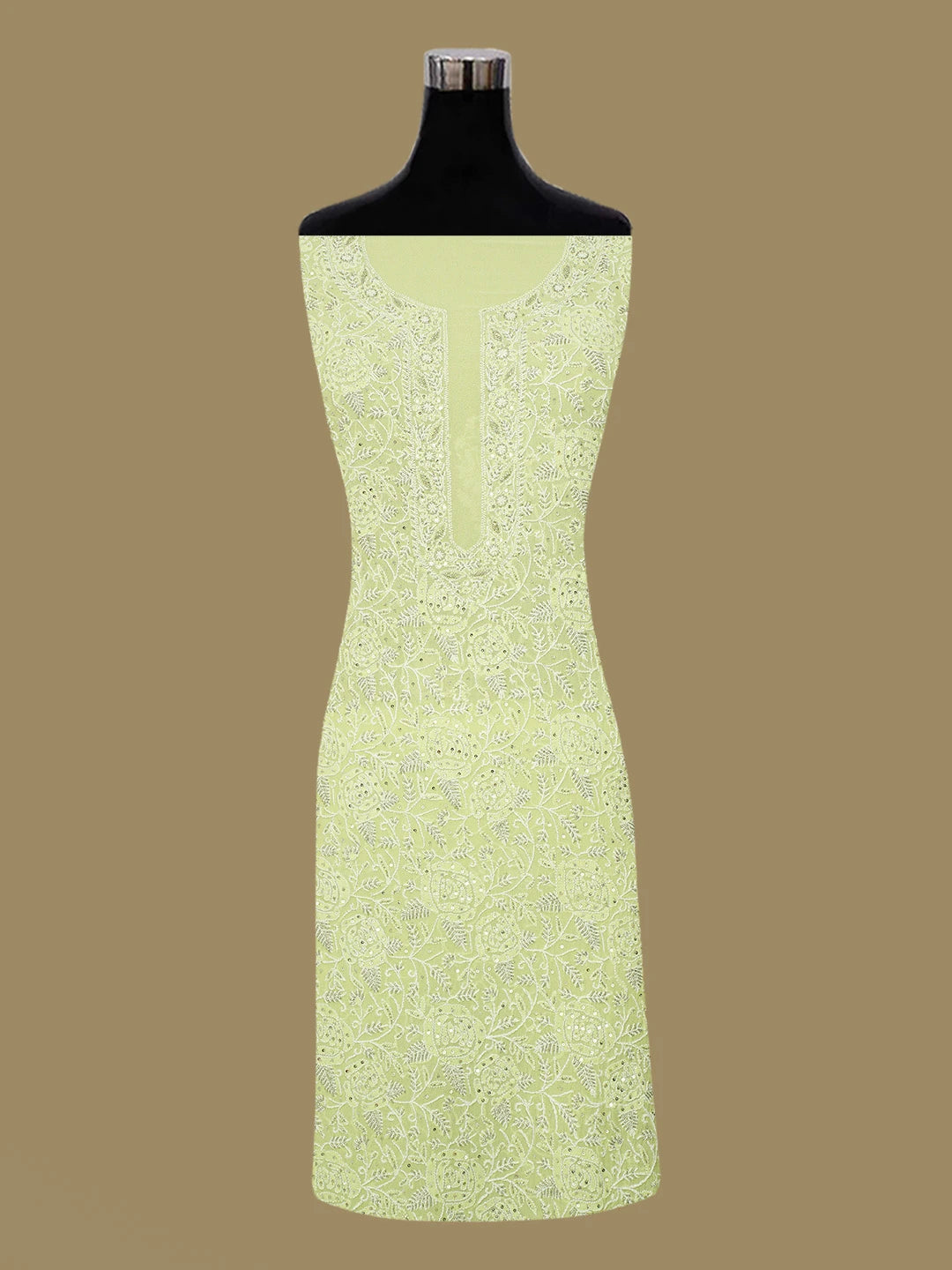 Ada Hand Embroidered Tea Green Pure Georgette Lucknowi Chikankari Unstitched Kurta Dupatta Set With Cutdana Work 01A604534