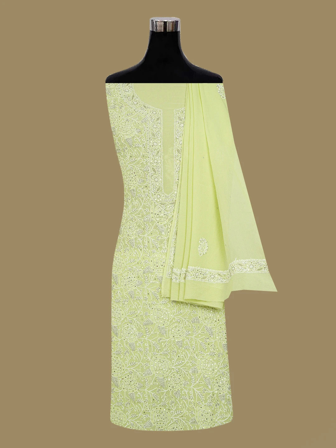 Ada Hand Embroidered Tea Green Pure Georgette Lucknowi Chikankari Unstitched Kurta Dupatta Set With Cutdana Work 01A604534