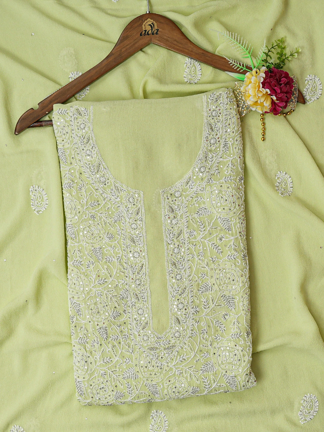 Ada Hand Embroidered Tea Green Pure Georgette Lucknowi Chikankari Unstitched Kurta Dupatta Set With Cutdana Work 01A604534