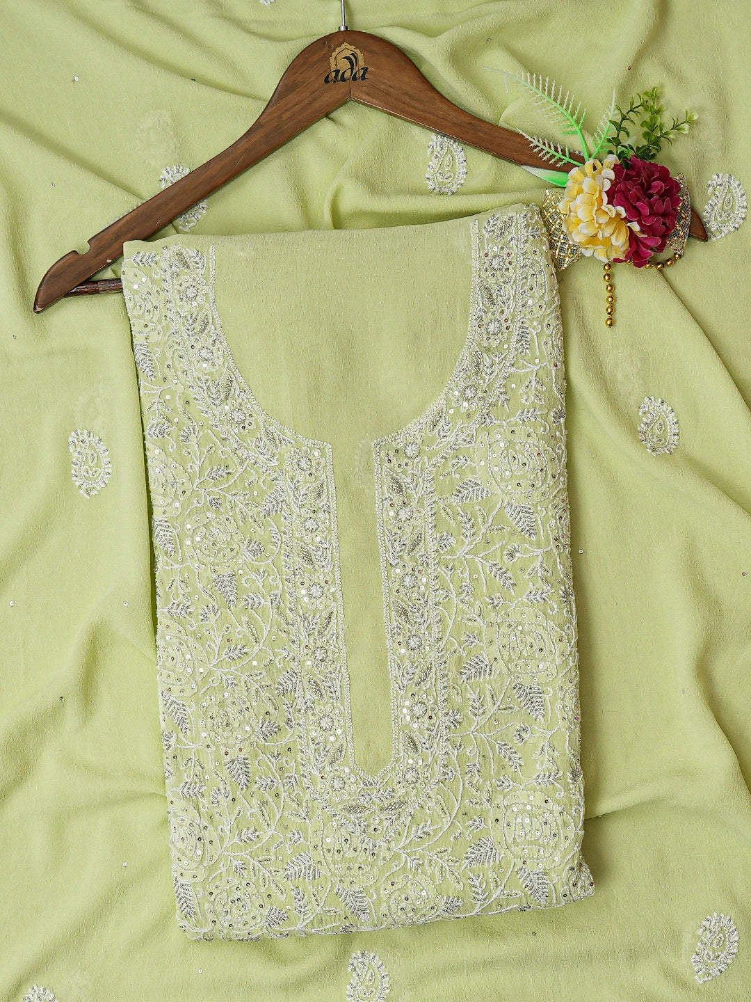 Ada Hand Embroidered Tea Green Pure Georgette Lucknowi Chikankari Unstitched Kurta Dupatta Set With Cutdana Work 01A604534