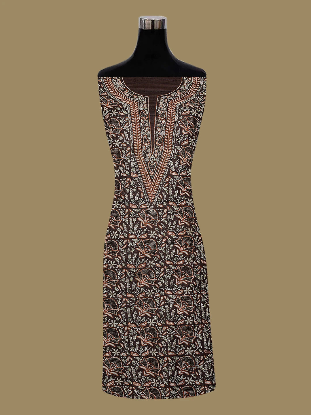 Ada Hand Embroidered Liver Brown Tussar Silk Lucknowi Chikankari Unstitched Suit Piece With Zari Work 01A339010