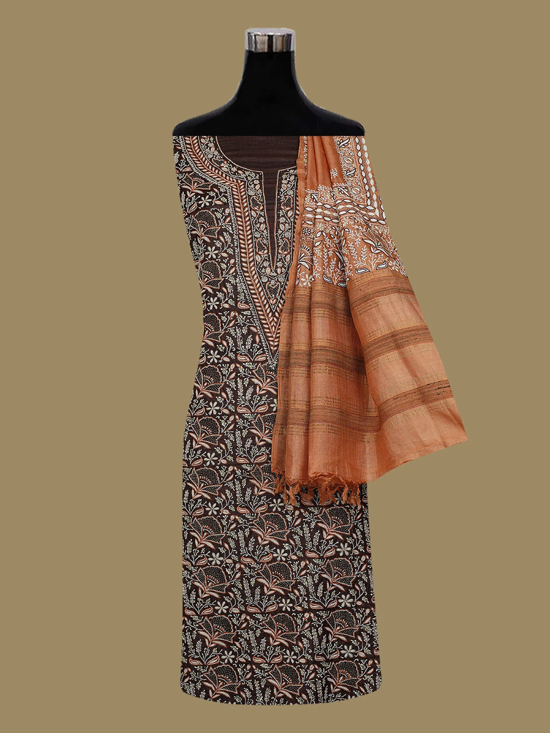 Ada Hand Embroidered Liver Brown Tussar Silk Lucknowi Chikankari Unstitched Suit Piece With Zari Work 01A339010