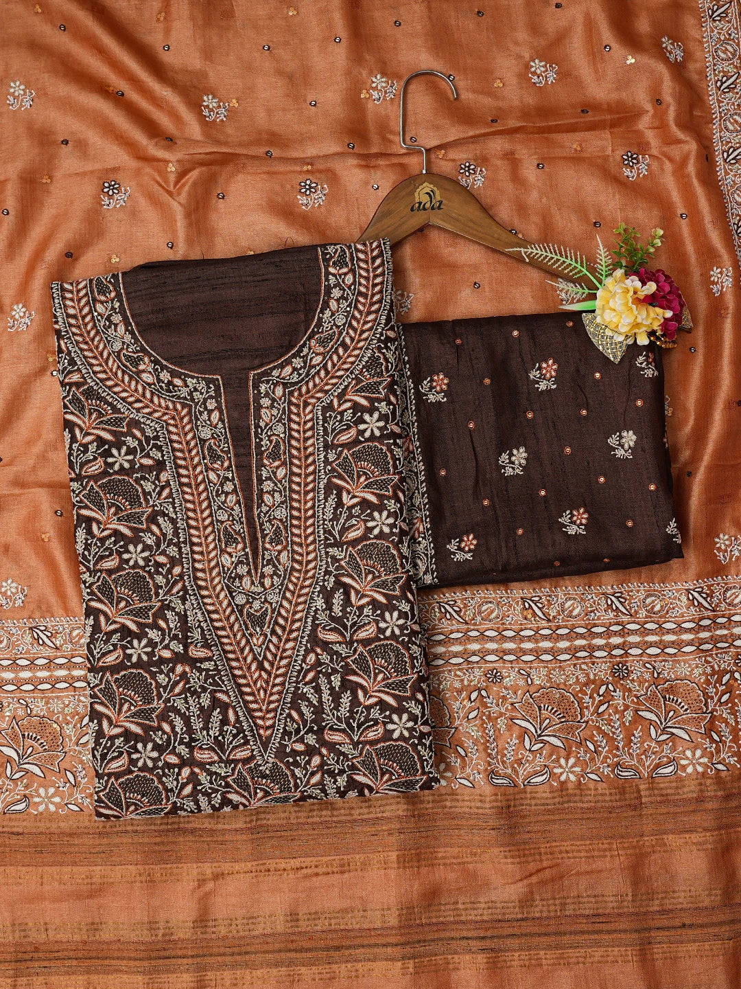 Ada Hand Embroidered Liver Brown Tussar Silk Lucknowi Chikankari Unstitched Suit Piece With Zari Work 01A339010
