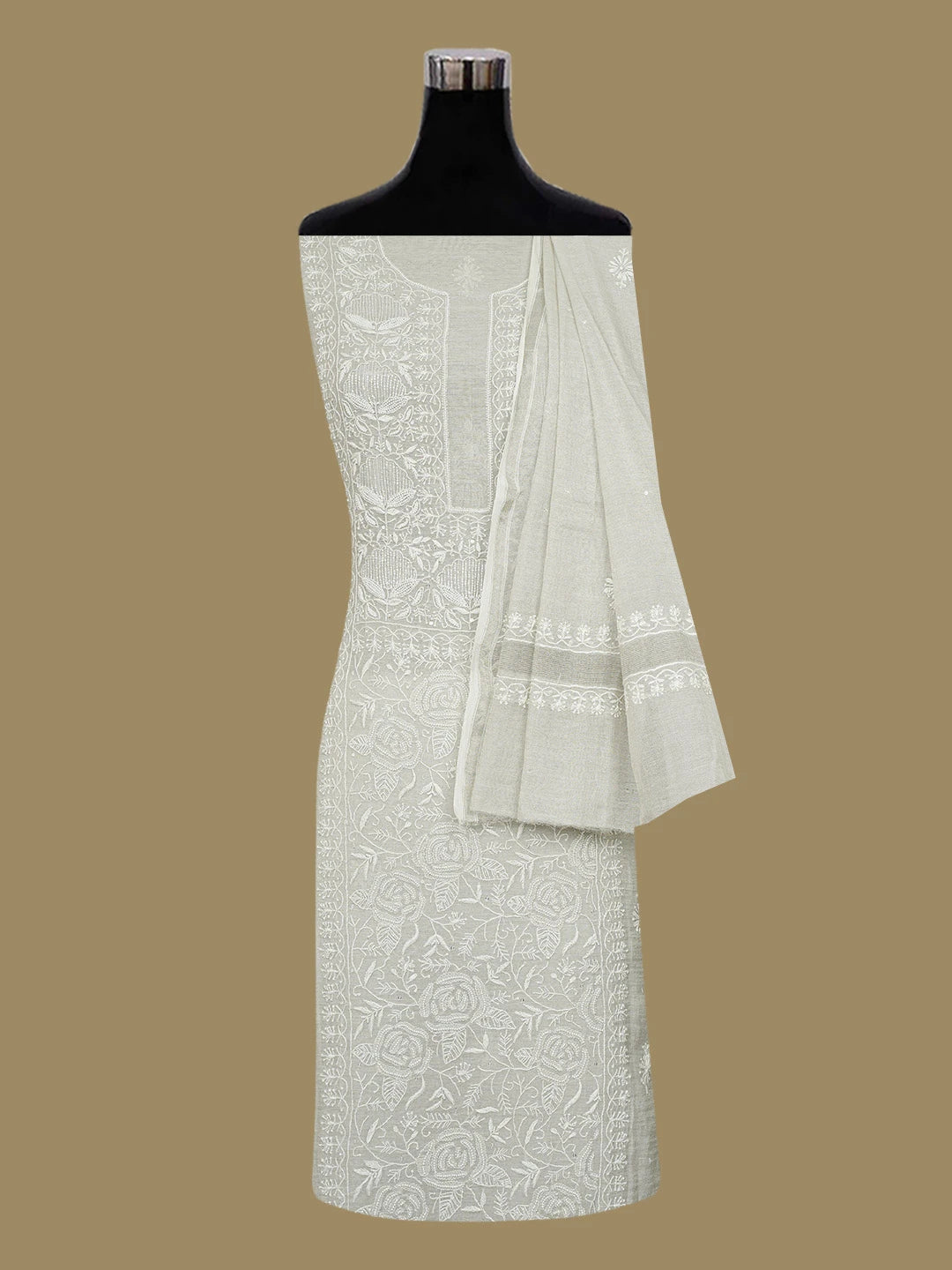 Ada Hand Embroidered Silver Grey Tissue Lucknowi Chikankari Unstitched Kurta Dupatta Set with Cutdana Work 01A604659