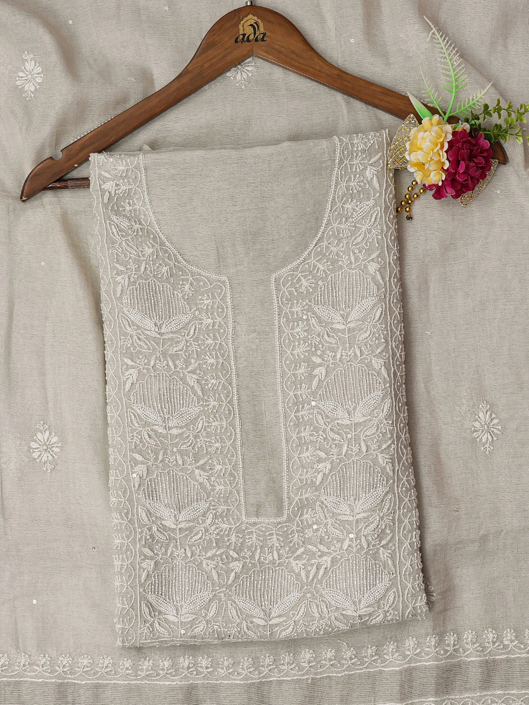 Ada Hand Embroidered Silver Grey Tissue Lucknowi Chikankari Unstitched Kurta Dupatta Set with Cutdana Work 01A604659