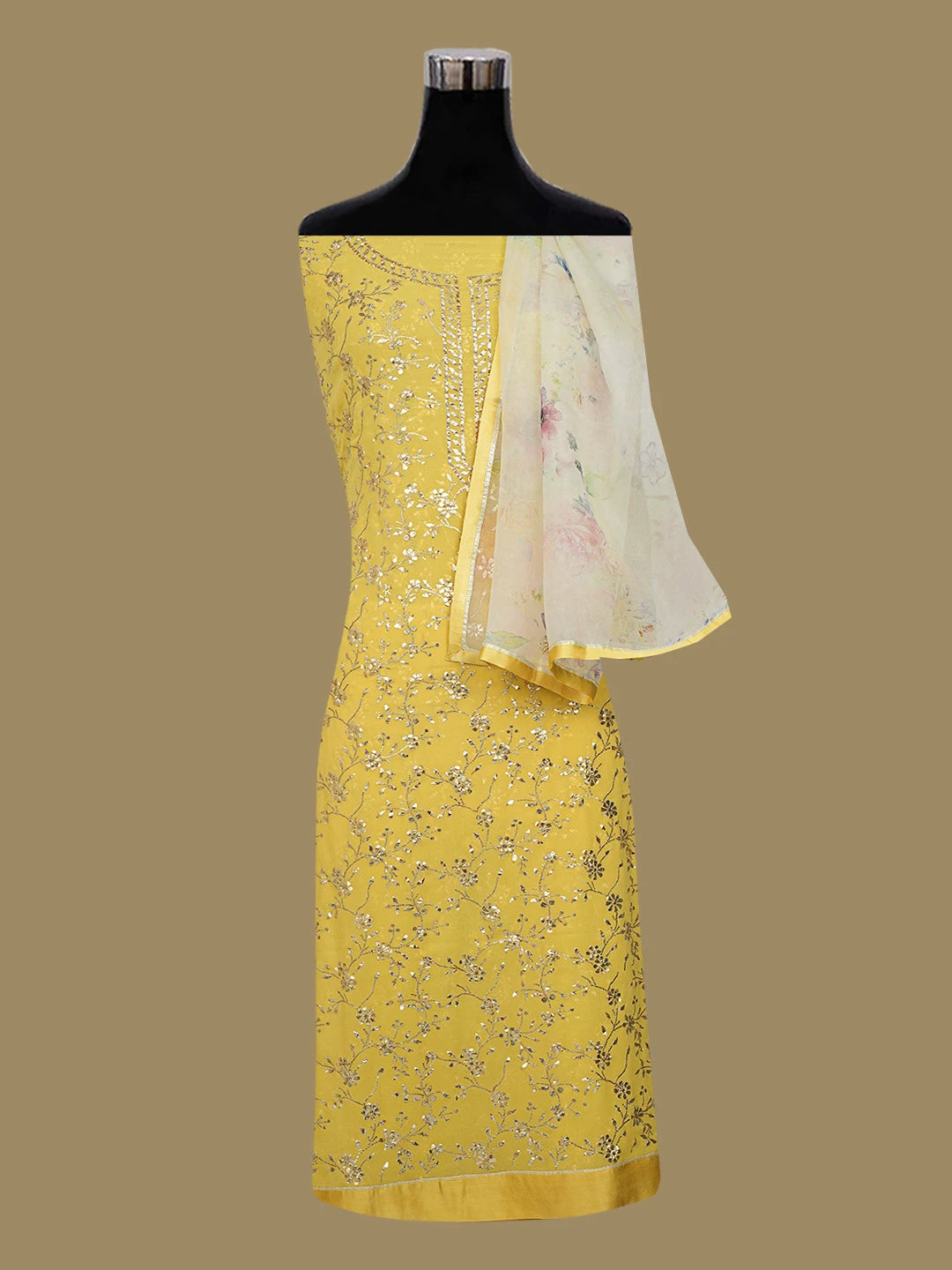 Ada Hand Embroidered Arylide Yellow Pure Georgette Lucknowi Chikankari Unstitched Suit Piece With Muqaish Work A336486