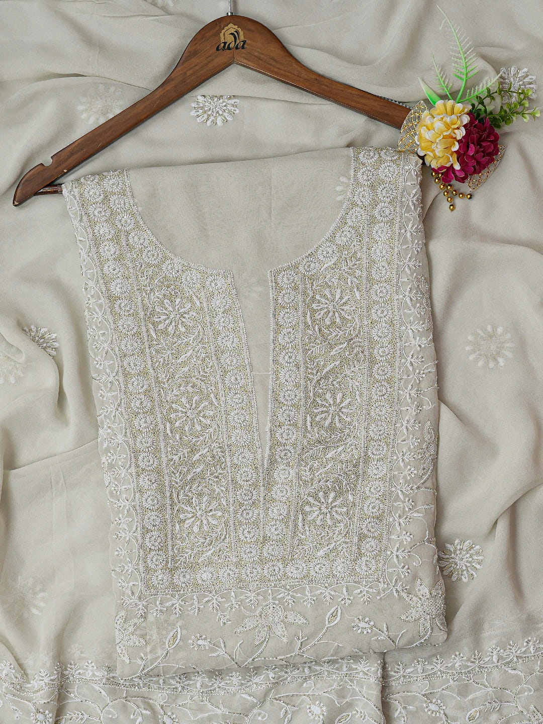 Ada Hand Embroidered Grey Pure Georgette Lucknowi Chikankari Unstitched Kurta Dupatta Set With Cutdana Work 01A572429