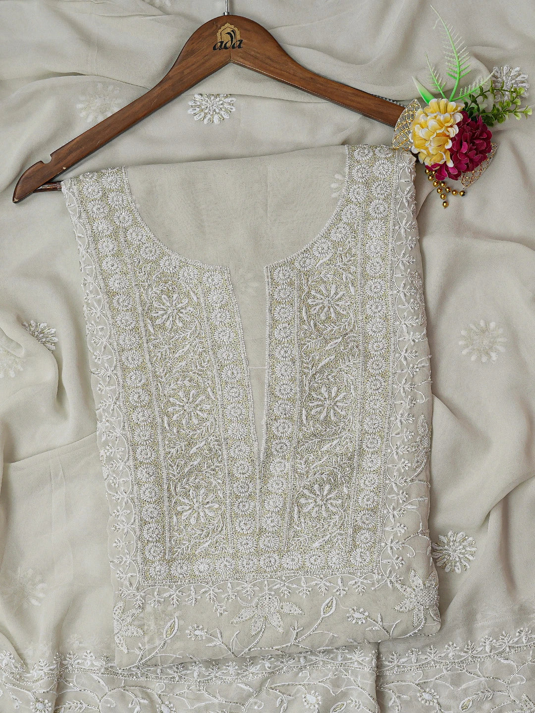 Ada Hand Embroidered Grey Pure Georgette Lucknowi Chikankari Unstitched Kurta Dupatta Set With Cutdana Work 01A572429