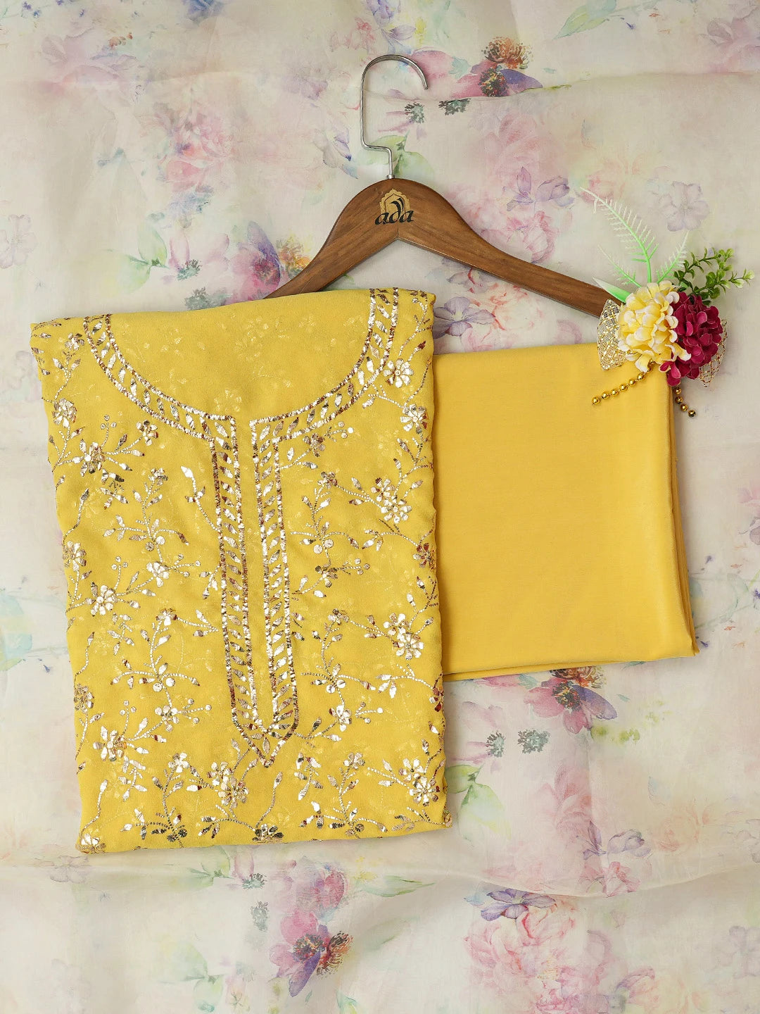 Ada Hand Embroidered Arylide Yellow Pure Georgette Lucknowi Chikankari Unstitched Suit Piece With Muqaish Work A336486