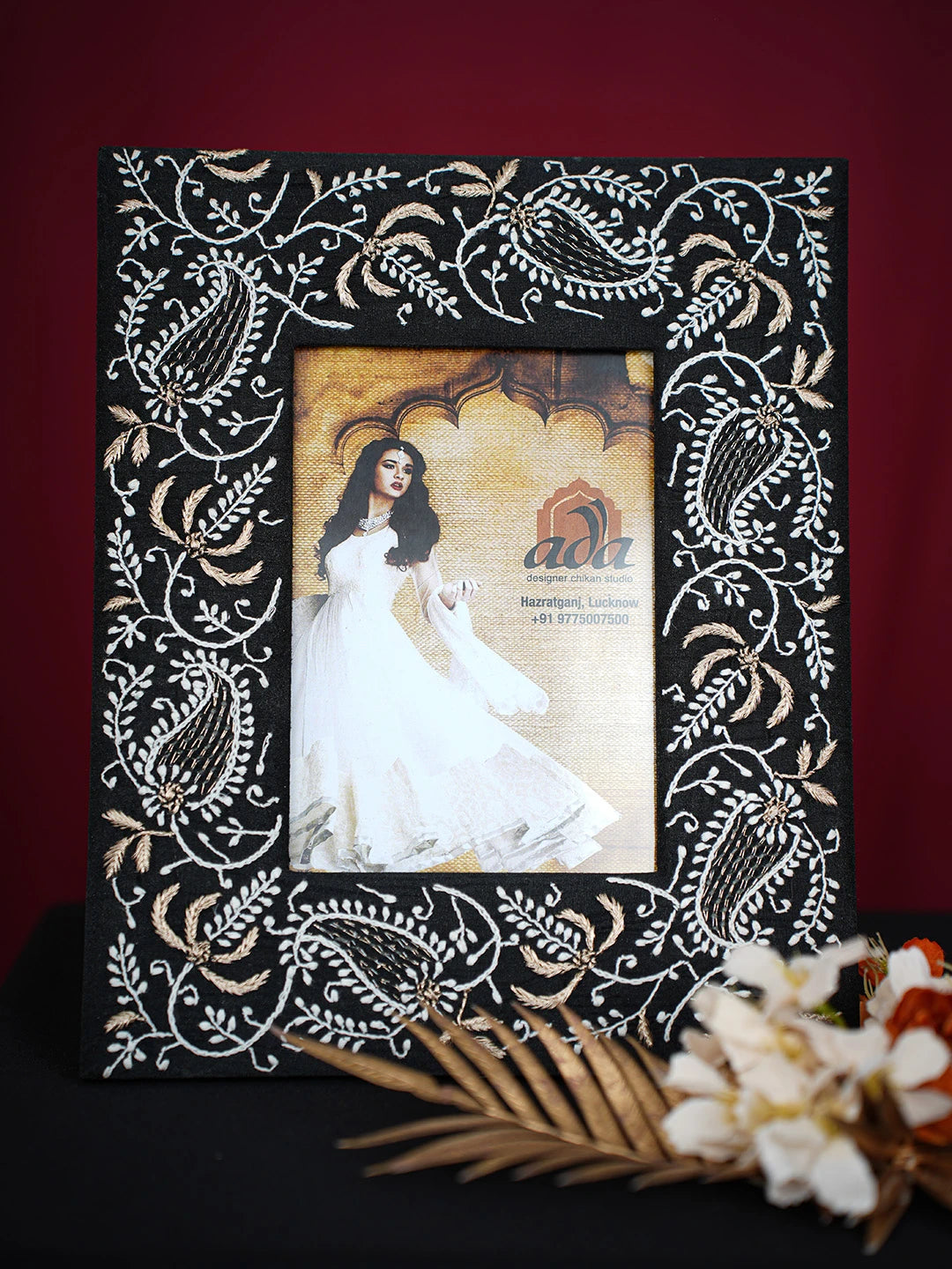 Ada Hand Embroidered Black Silk Lucknowi Chikankari Frame With Zari Work 01A719937