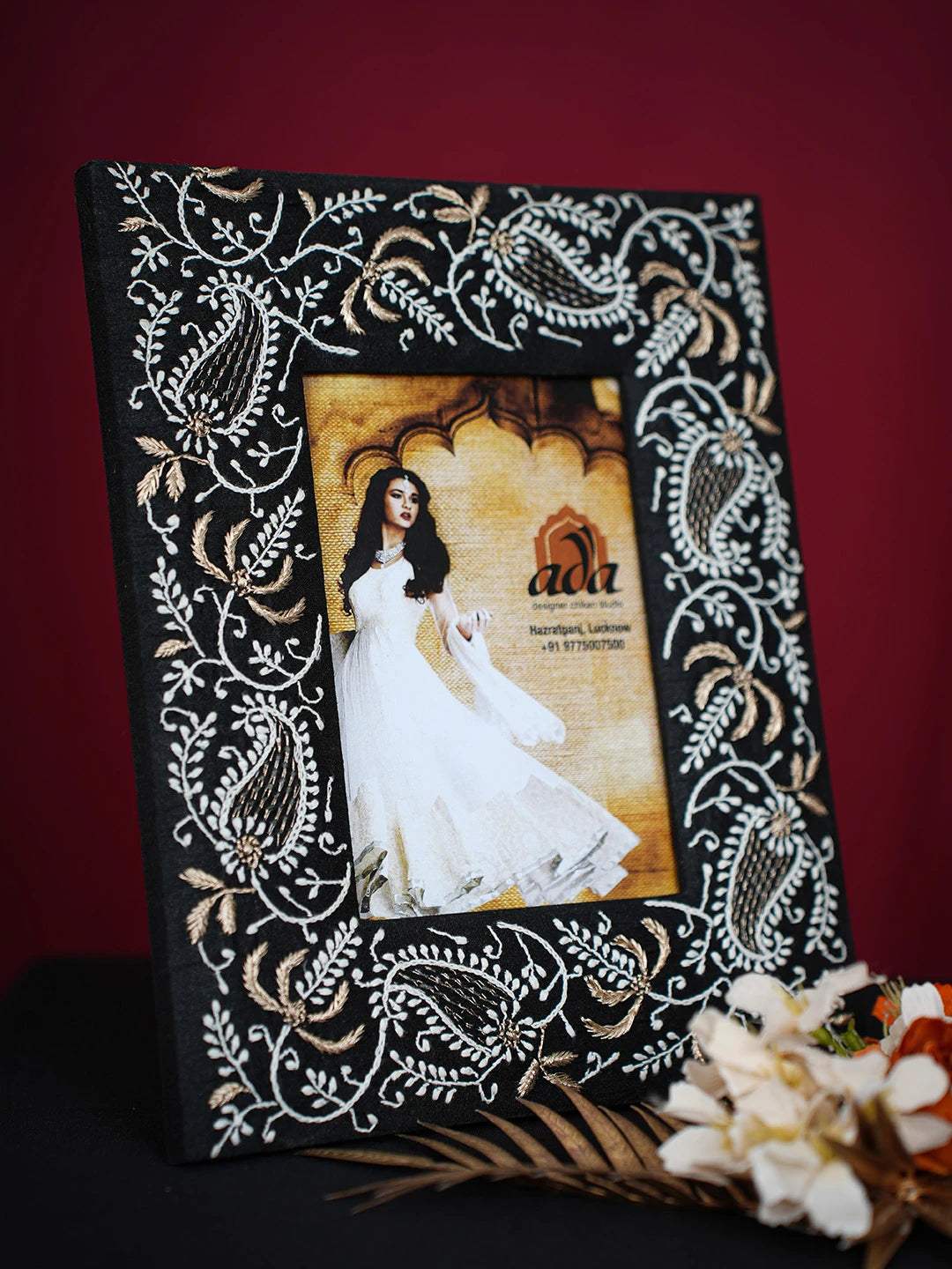 Ada Hand Embroidered Black Silk Lucknowi Chikankari Frame With Zari Work 01A719937