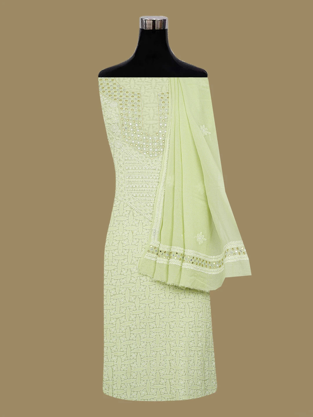 Ada Hand Embroidered Light Green Pure Georgette Lucknowi Chikankari Unstitched Kurta Dupatta Set With Mirror Work A143560