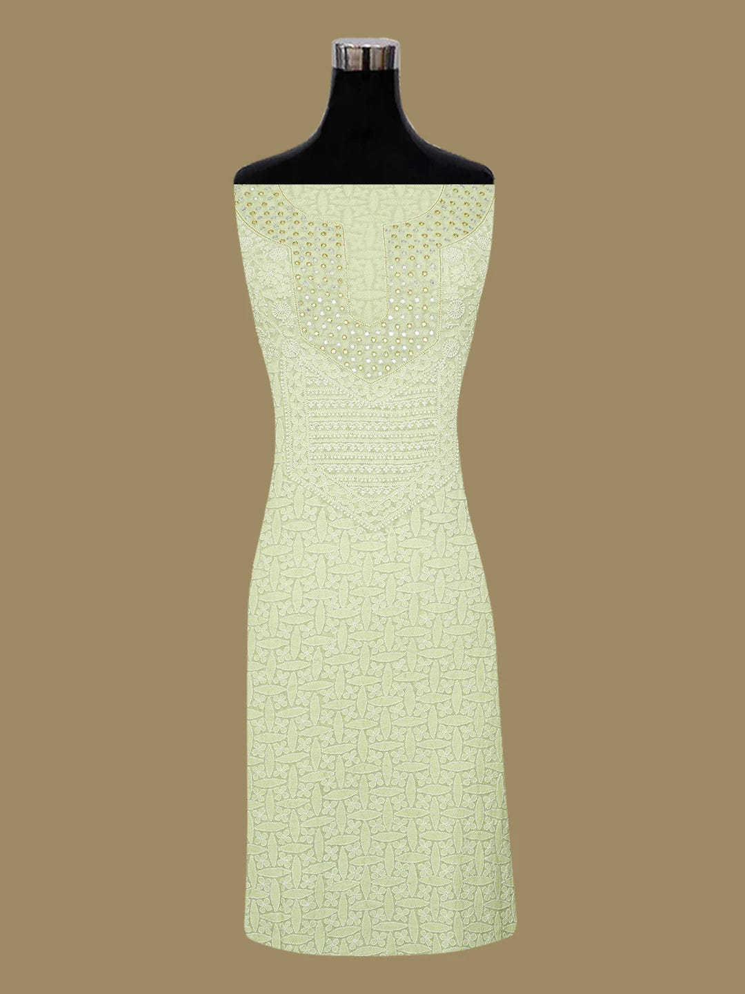 Ada Hand Embroidered Light Green Pure Georgette Lucknowi Chikankari Unstitched Kurta Dupatta Set With Mirror Work A143560