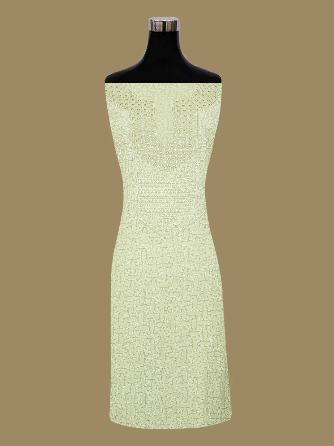 Ada Hand Embroidered Light Green Pure Georgette Lucknowi Chikankari Unstitched Kurta Dupatta Set With Mirror Work A143560