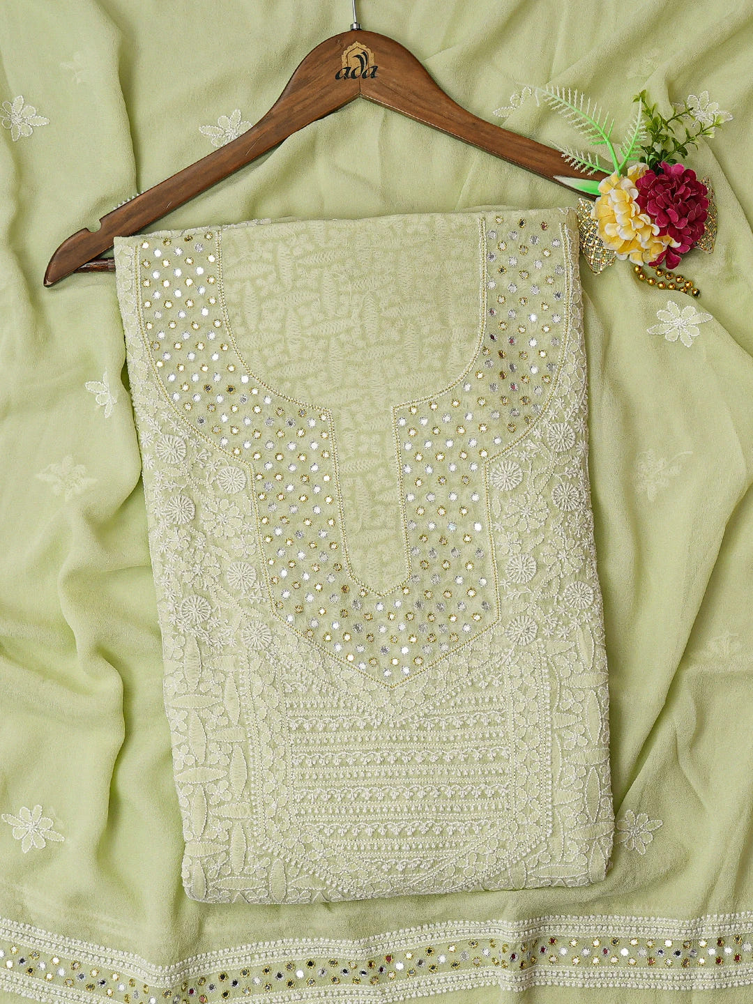 Ada Hand Embroidered Light Green Pure Georgette Lucknowi Chikankari Unstitched Kurta Dupatta Set With Mirror Work A143560