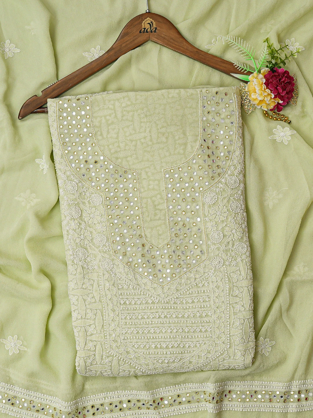 Ada Hand Embroidered Light Green Pure Georgette Lucknowi Chikankari Unstitched Kurta Dupatta Set With Mirror Work A143560