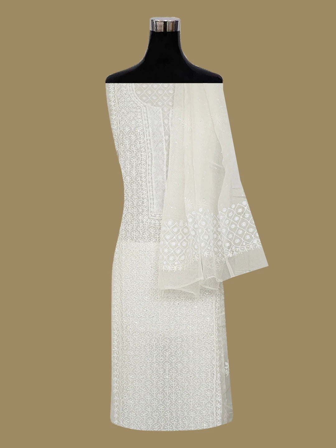 Ada Hand Embroidered White Organza Lucknowi Chikankari Semi-Stitched Kurta Dupatta Set With Cutdana Work 01A659355