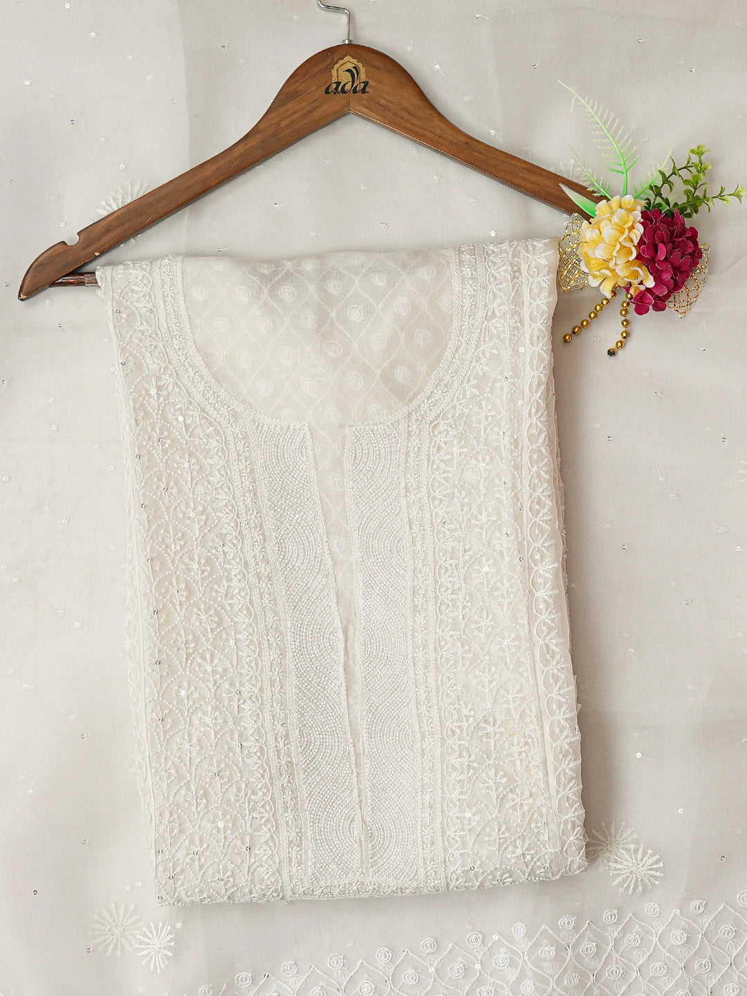 Ada Hand Embroidered White Organza Lucknowi Chikankari Semi-Stitched Kurta Dupatta Set With Cutdana Work 01A659355