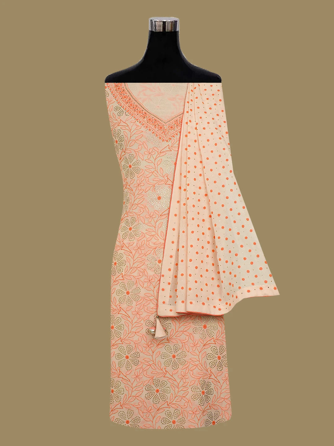 Ada Hand Embroidered Crayola Peach Pure Georgette Lucknowi Chikankari Unstitched Suit Piece With Muqaish Work A336492