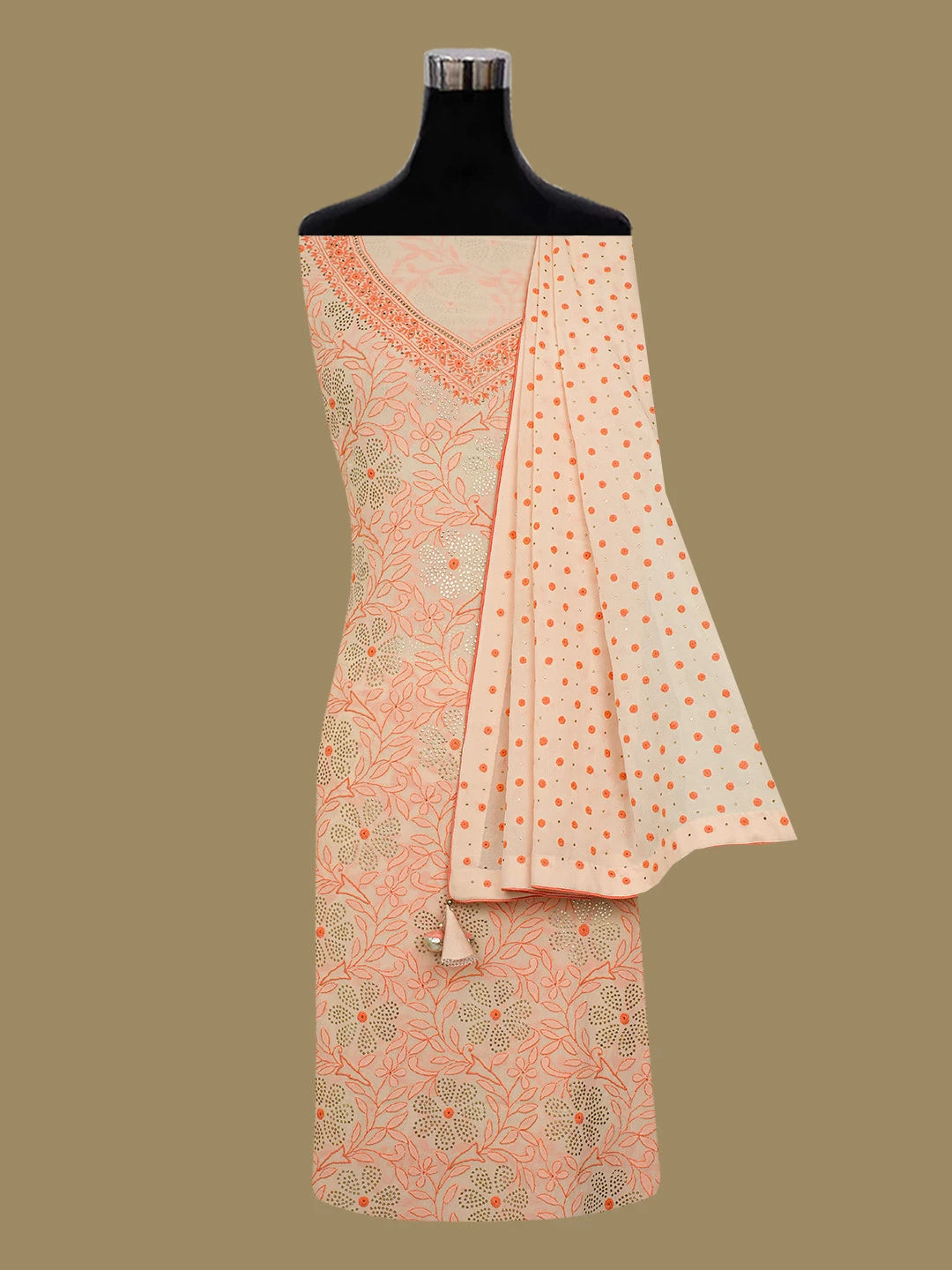Ada Hand Embroidered Crayola Peach Pure Georgette Lucknowi Chikankari Unstitched Suit Piece With Muqaish Work A336492