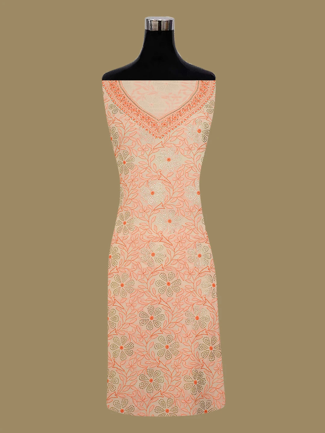 Ada Hand Embroidered Crayola Peach Pure Georgette Lucknowi Chikankari Unstitched Suit Piece With Muqaish Work A336492