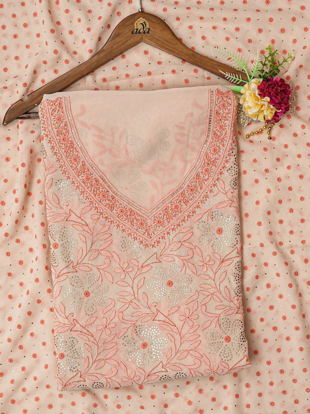 Ada Hand Embroidered Crayola Peach Pure Georgette Lucknowi Chikankari Unstitched Suit Piece With Muqaish Work A336492